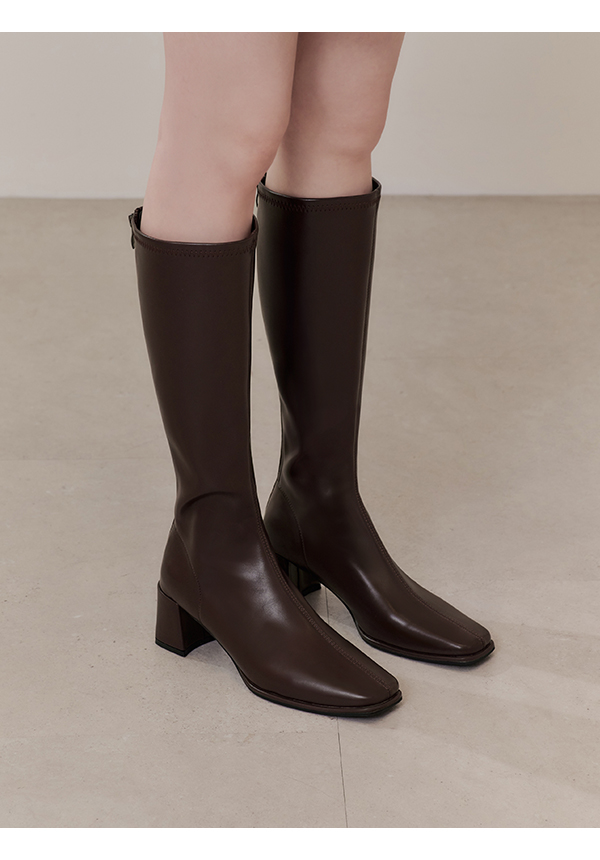 Plain Square Toe High-Heel Slimming Tall Boots Dark Brown