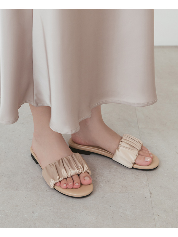 Satin Ruched Details  Flat Slides Beige