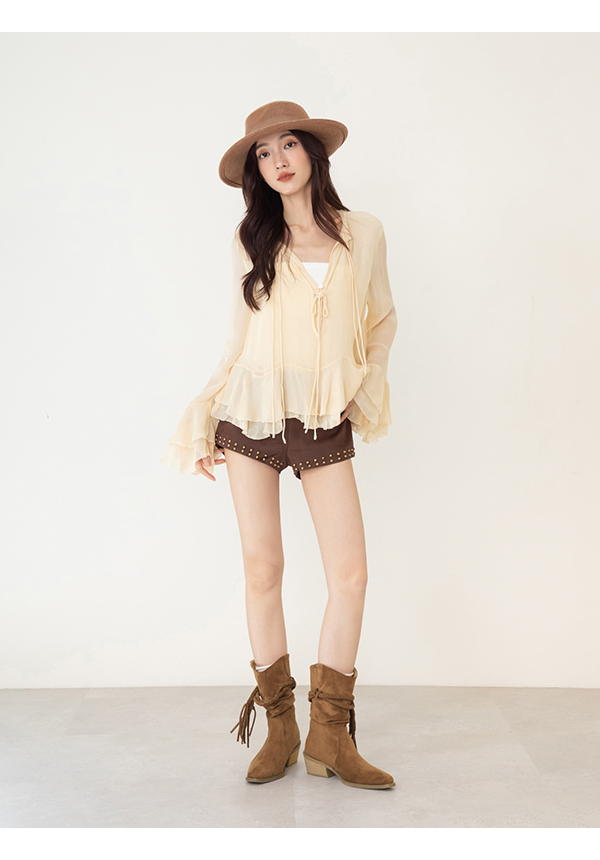 吉普賽流蘇小V口牛仔短靴 棕色