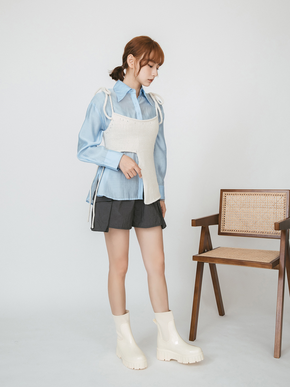 潮人時尚．鋸齒底針織拼接短筒雨靴 香草米