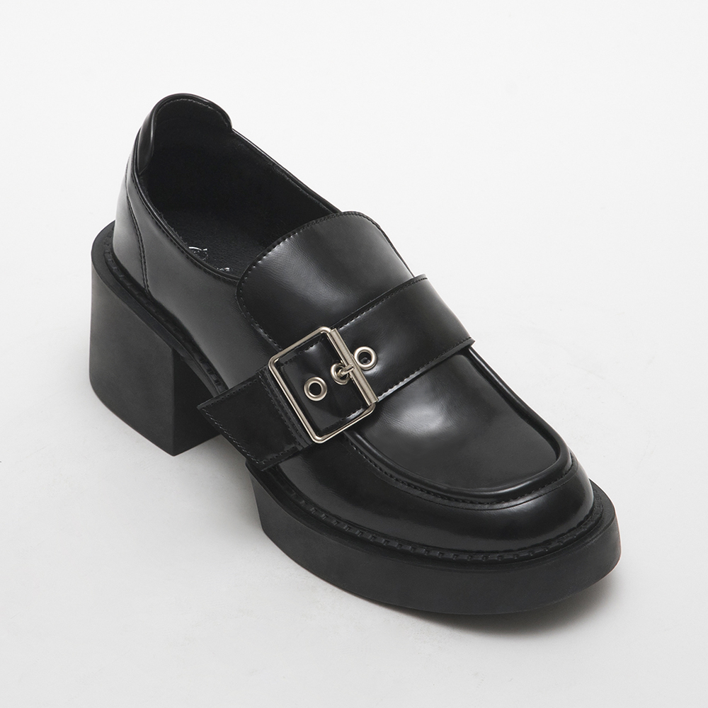 Big Buckle Thick Sole High Heel Loafers Black
