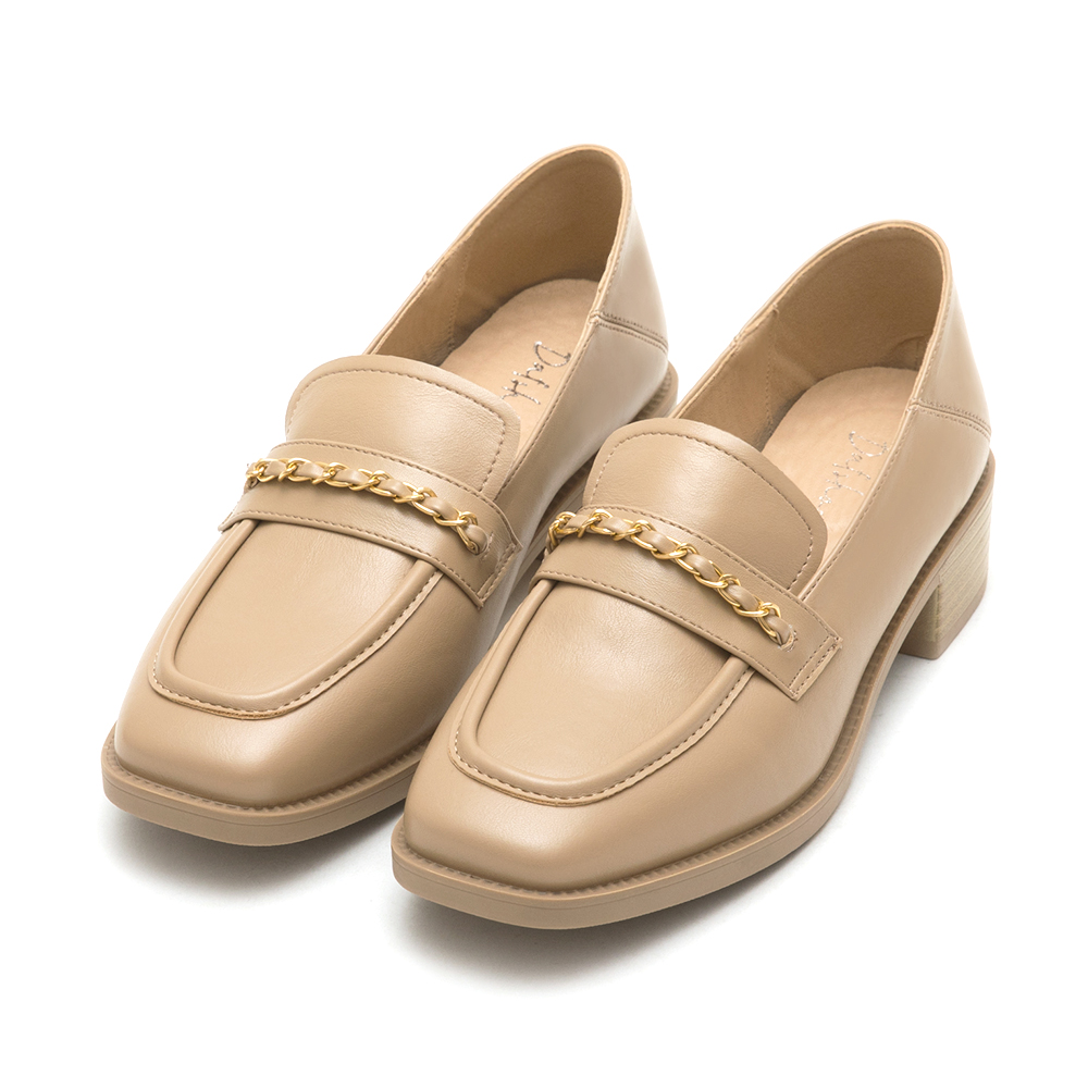 Metal Chain Square-Toe Loafers Beige