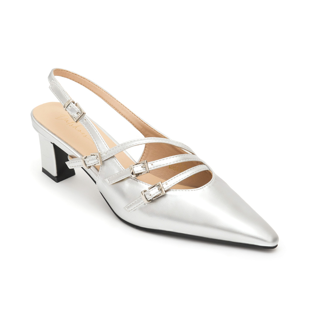 Three-Strap Pointed-Toe Slingback Heels Silver