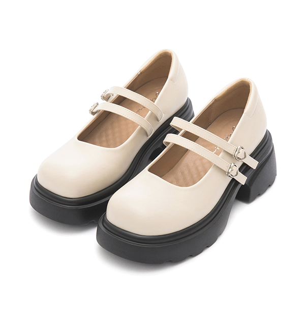 甜蜜愛心釦雙帶輕量瑪莉珍鞋 米白