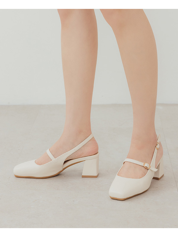 4D Cushioned Square Toe Mid-Heel Mary Jane Shoes Beige