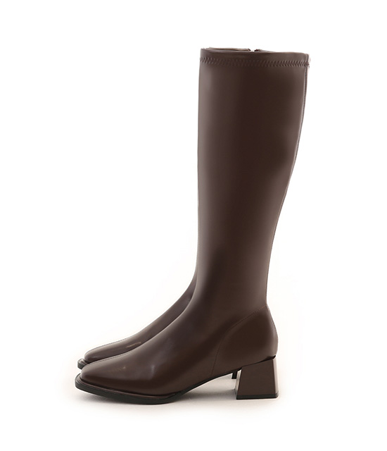 Plain Square Toe Mid-Heel Slimming Boots Dark Brown