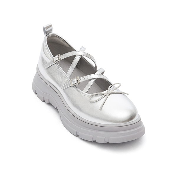 浪漫圈粉蝴蝶結交叉帶瑪莉珍鞋 銀