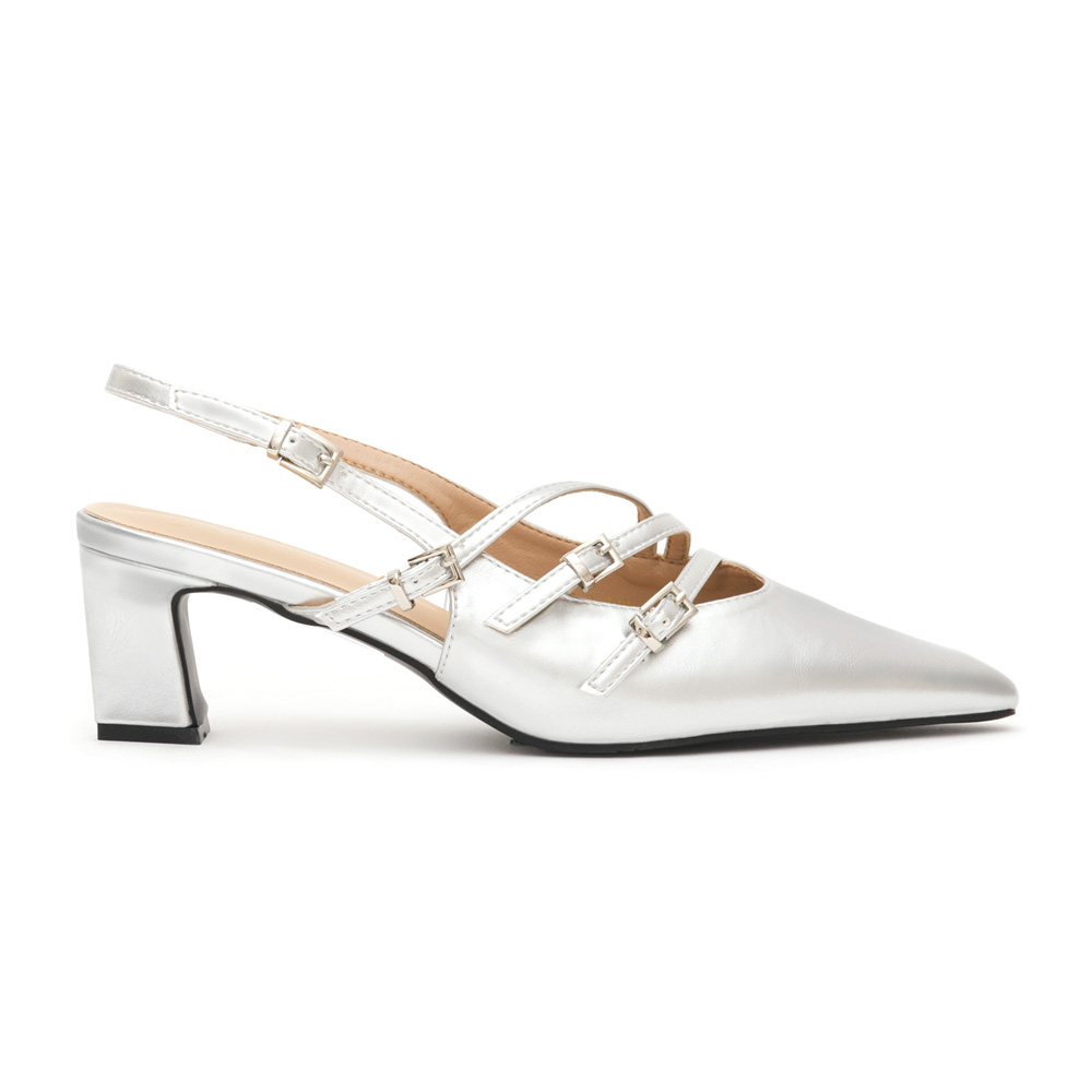 Three-Strap Pointed-Toe Slingback Heels Silver