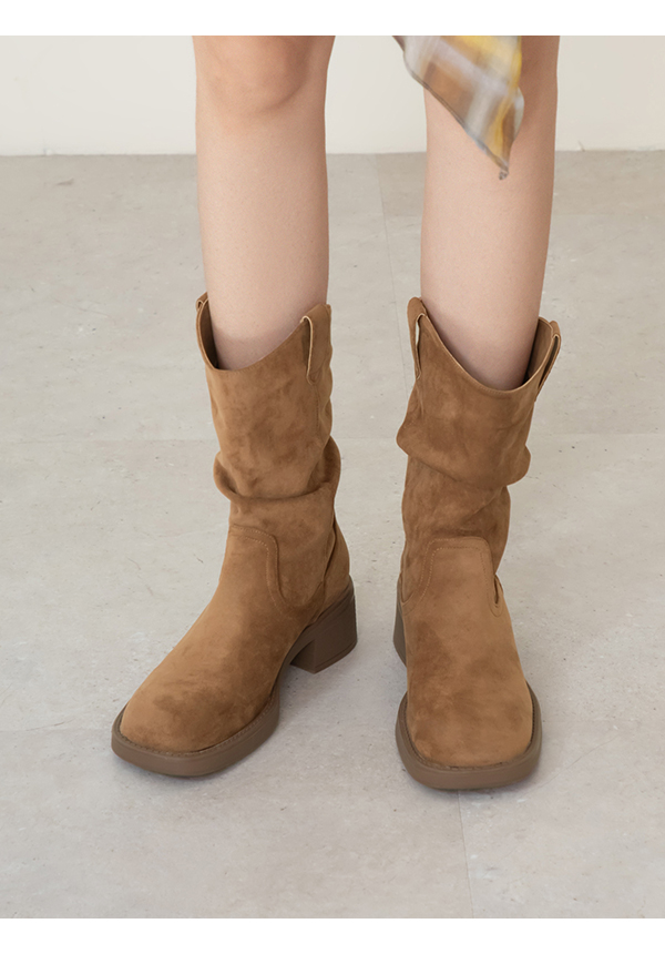 嬉皮小V口抓皺西部堆堆靴 棕色