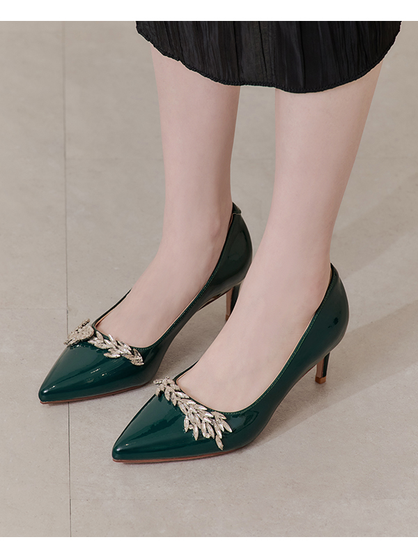 Luxurious Gem-Embellished Patent Leather 6cm Heels Green