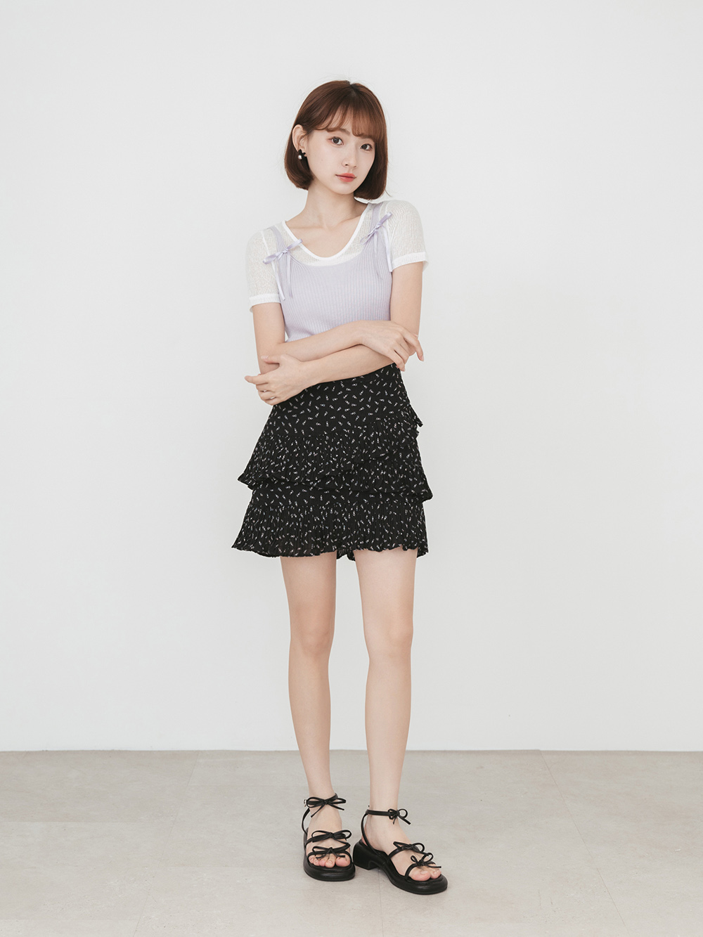 可愛三條帶蝴蝶結低跟涼鞋 黑