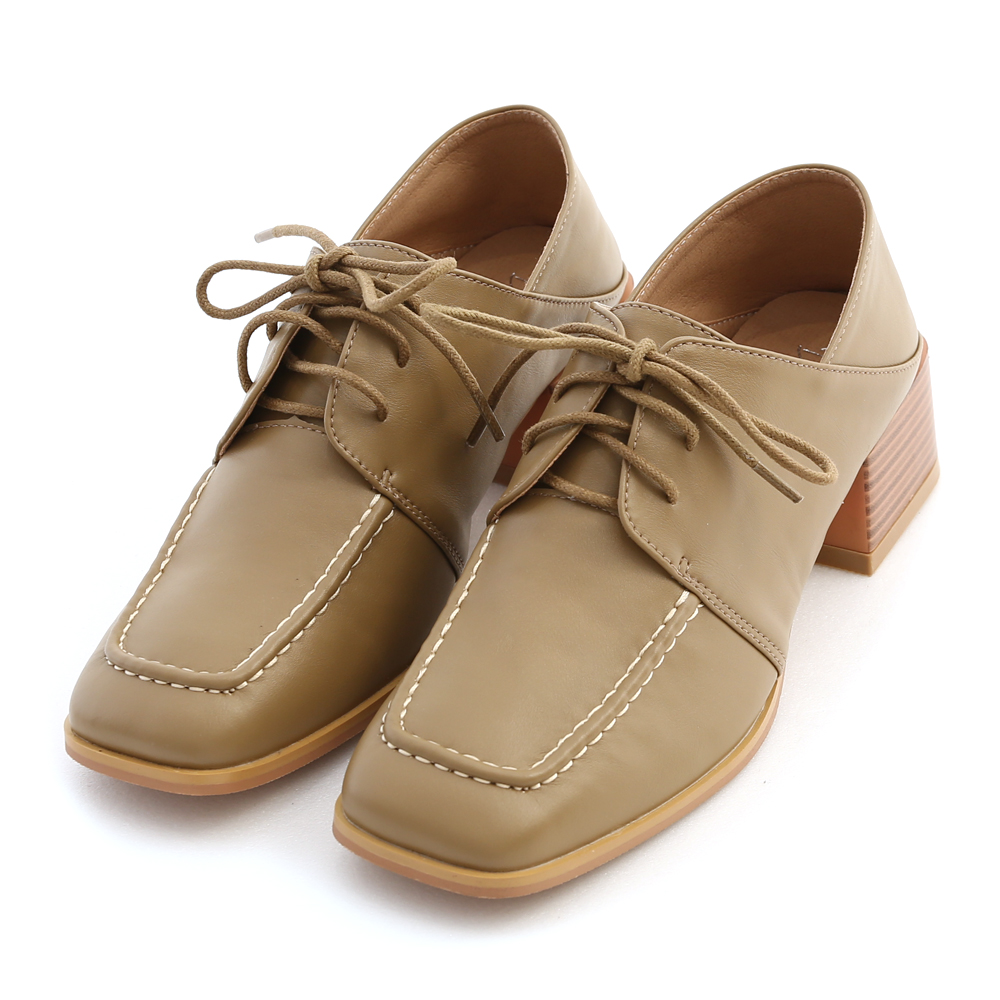 Square Toe Mid-Heel Stitched Oxfords Olive Green
