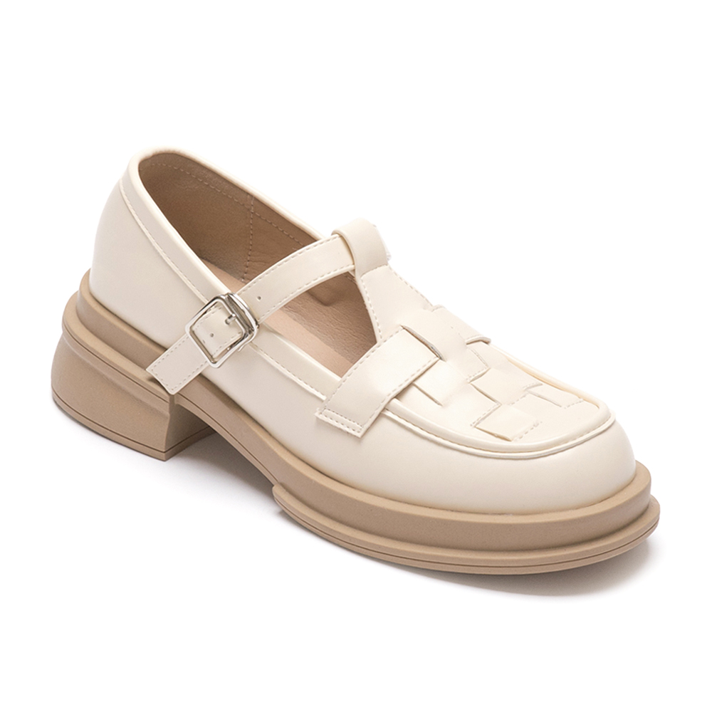 日系女孩．格子編織T字低跟瑪莉珍鞋 香草米