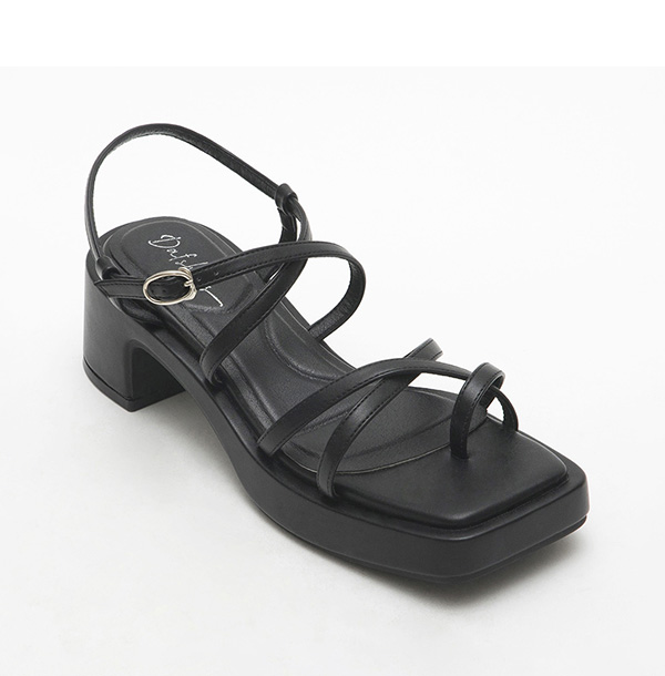 Multilayered Thin Strap Mid-Heel Sandals Black