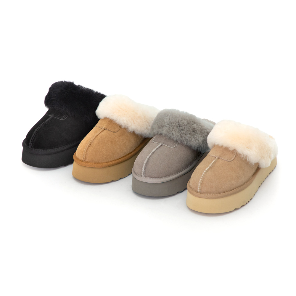 雪地精靈．真皮羊毛厚底雪靴拖鞋 高級灰