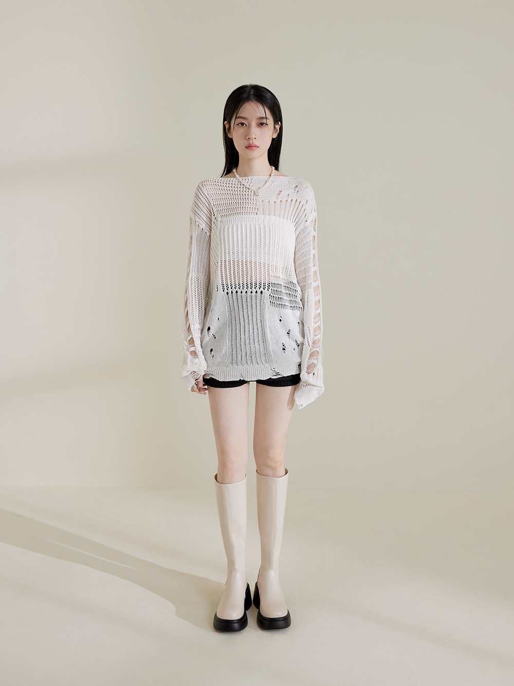 明星舞台．輕量加厚底瘦瘦長靴 香草米