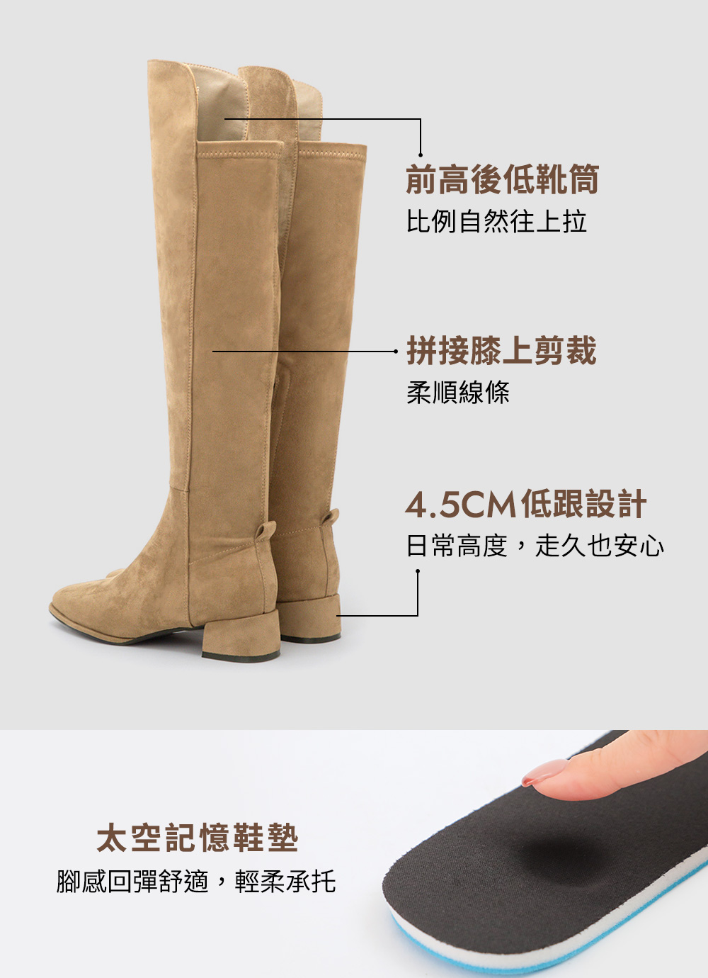 百變主題顯瘦拼接膝上長靴 卡其色