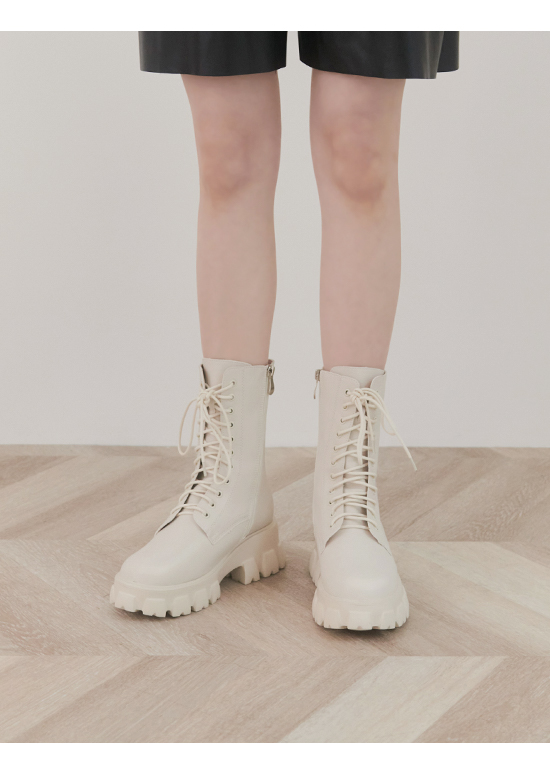 Lightweight Lace-Up Zigzag Chunky Sole Boots Vanilla