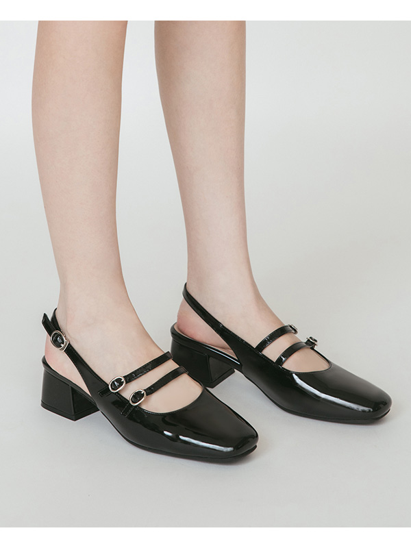 Patent Leather Double Strap Low-Heel Slingback Mary Jane Shoes Black