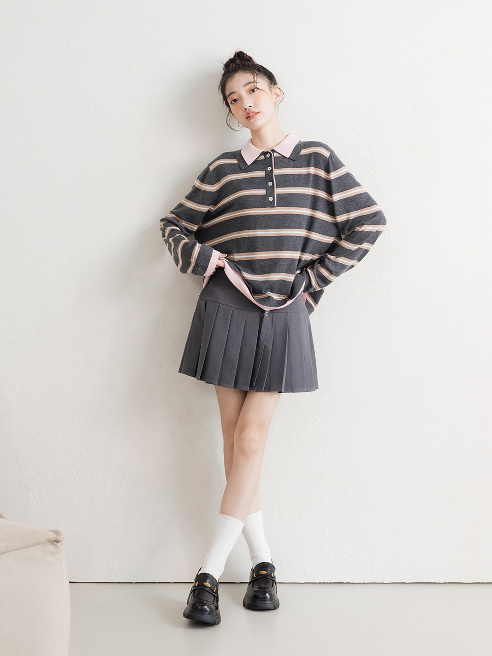 【真皮系列】復古小金豆輕量底樂福鞋 黑色