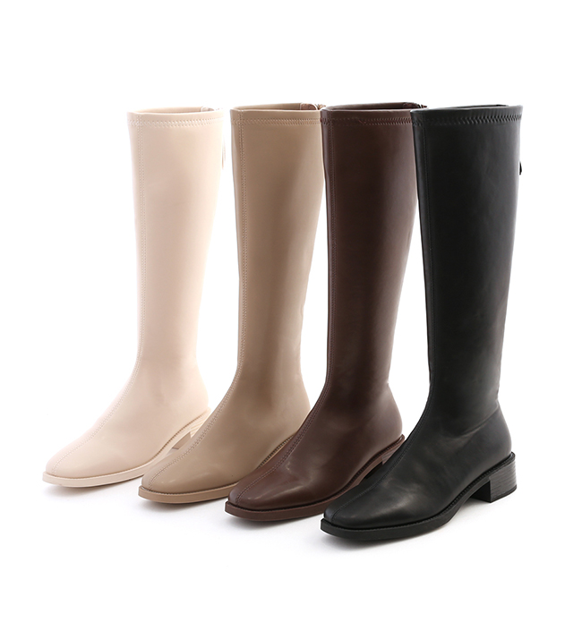 Square Toe Rubber Heel Tall Boots French Vanilla White