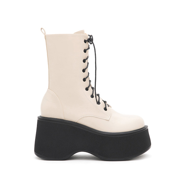 K-pop Girl Thick-Sole Lace-Up Ankle Boots Beige