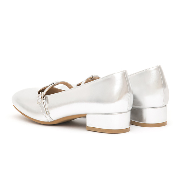 Round-Toe T-Strap Mary Jane Shoes Silver