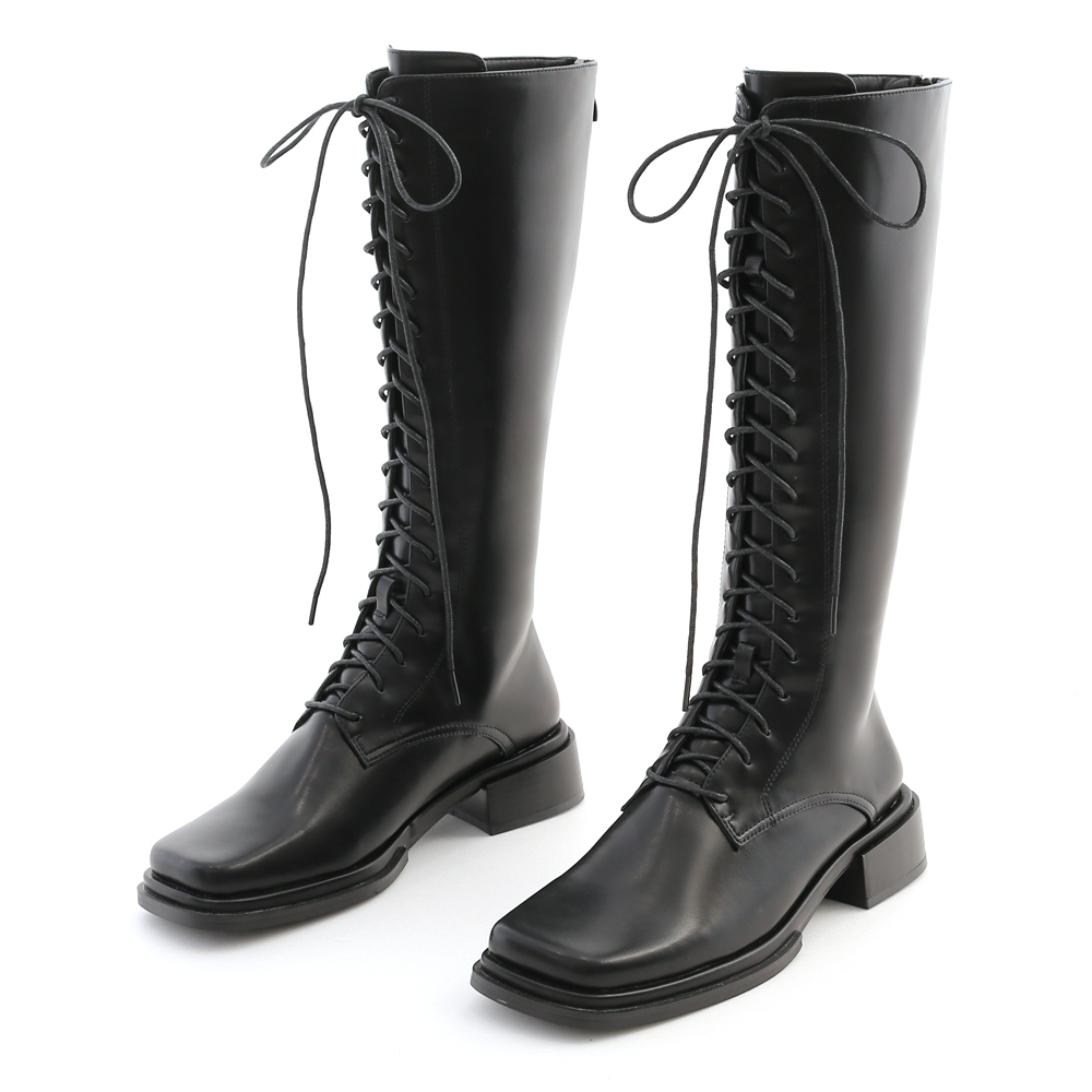 Vintage Square Toe Lace-Up Tall Boots Black
