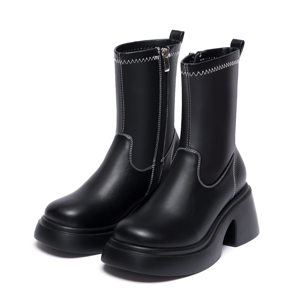 冬日美學．輕量加厚底撞色車線瘦瘦靴 時尚黑