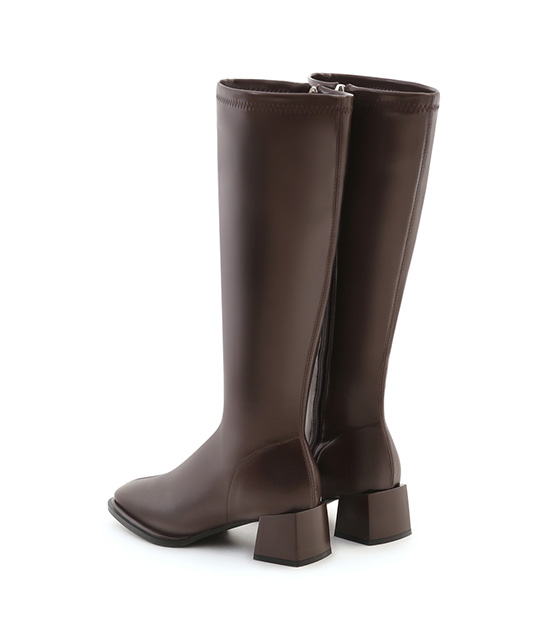 Plain Square Toe Mid-Heel Slimming Boots Dark Brown