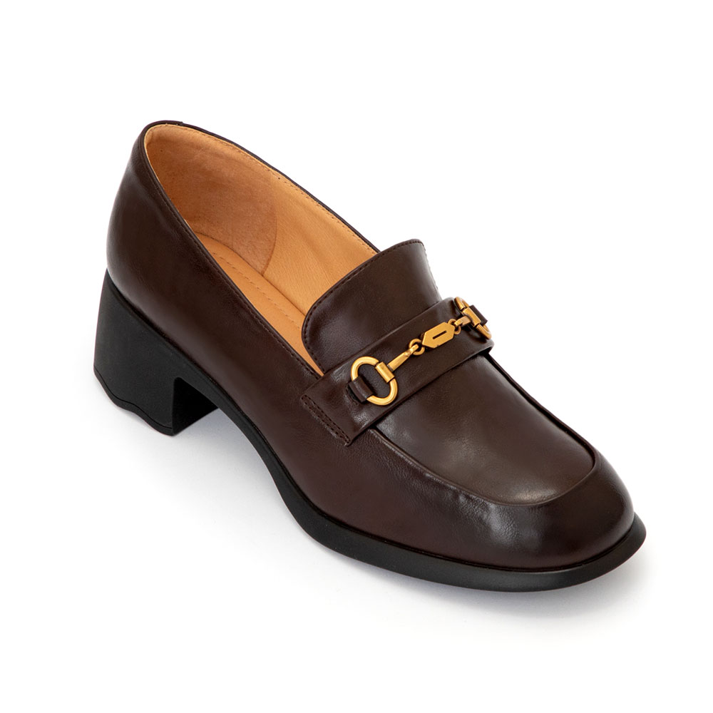 【真皮系列】波浪靜音跟馬銜釦樂福鞋 棕色