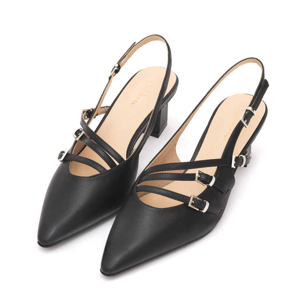 Three-Strap Pointed-Toe Slingback Heels Black