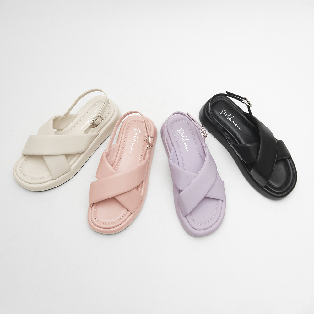 Pastel Wide Band Cross-Straps Soft Sandals 紫