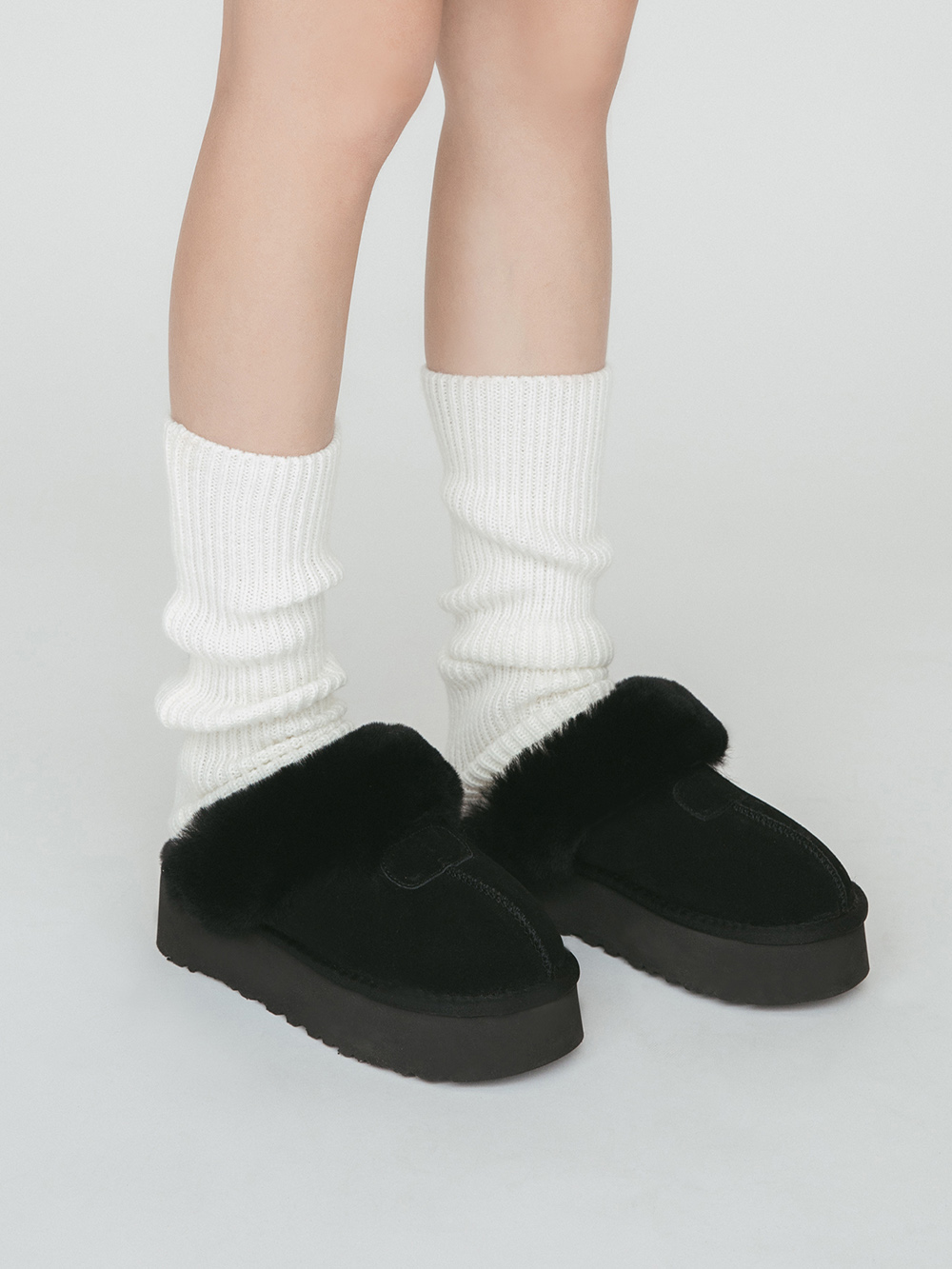 雪地精靈.真皮羊毛厚底雪靴拖鞋 時尚黑