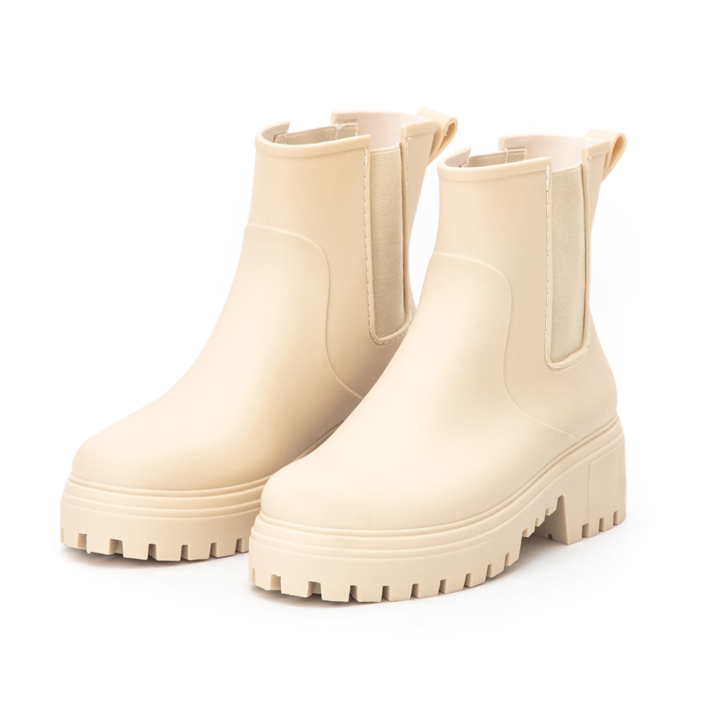 【機能鞋墊】鬆緊拼接內增高切爾西雨靴 米白色