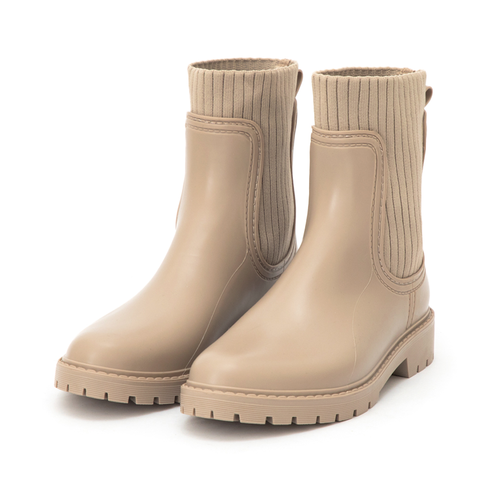 【機能鞋墊】針織拼接切爾西短筒雨靴 杏色