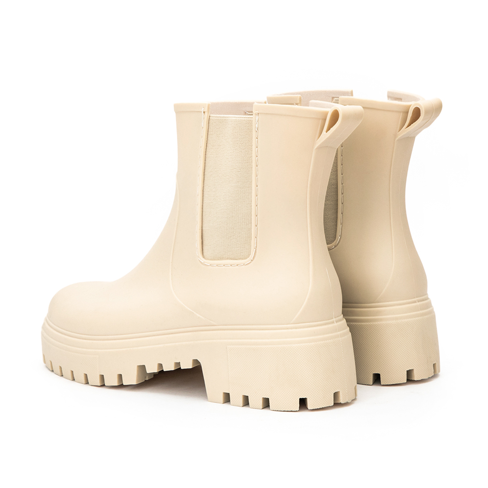 【機能鞋墊】鬆緊拼接內增高切爾西雨靴 米白色