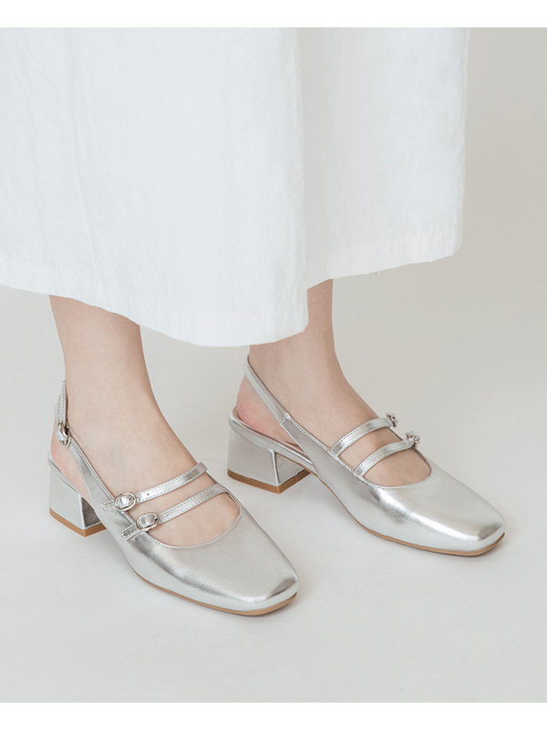 Patent Leather Double Strap Low-Heel Slingback Mary Jane Shoes Silver