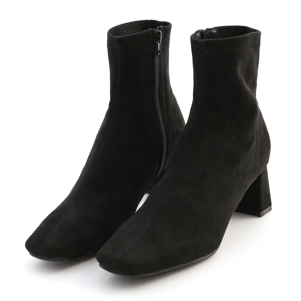 Plain Square Toe Mid-Heel Slimming Boots Textured black