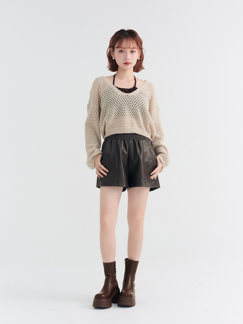 愛豆偶像素面厚底瘦瘦短靴 咖啡色