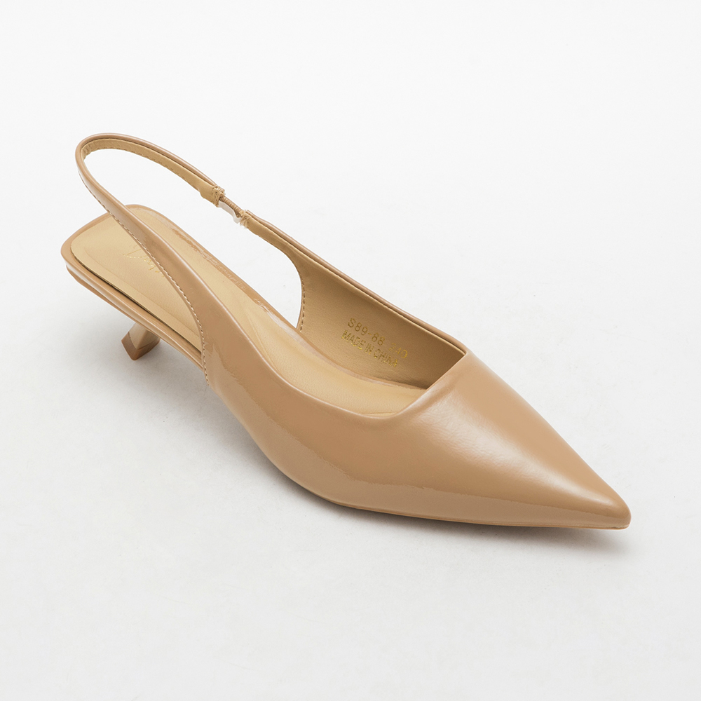 Elegant Pointed Toe Patent Mid-Heel Slingbacks 奶茶