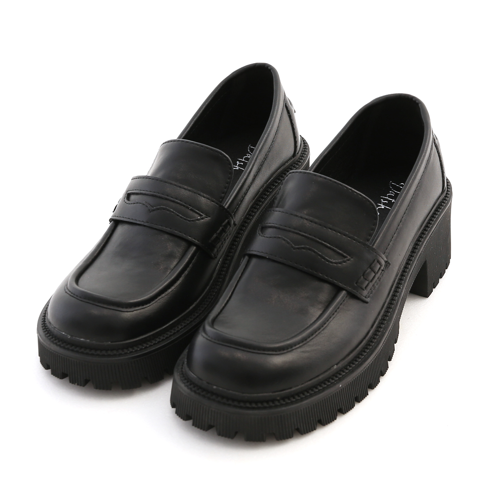 Track Sole Chunky Penny Loafers Black
