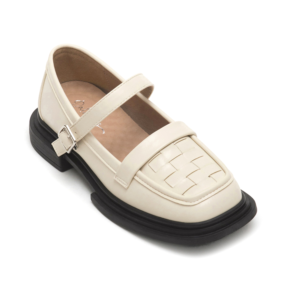 棋盤格編織樂福瑪莉珍鞋 米白