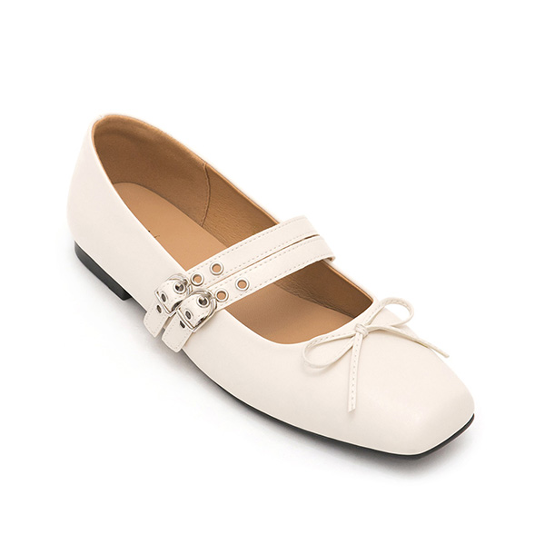 Punk Metal Double Buckle Ballet Flats White