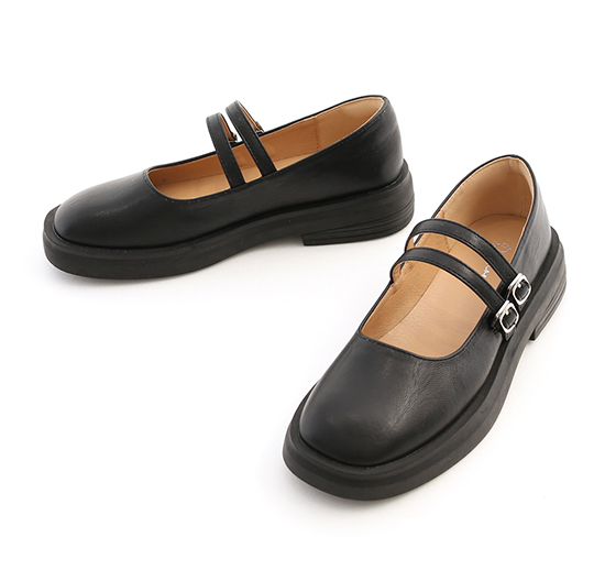 Double Buckle Round Toe Mary Jane Shoes Black