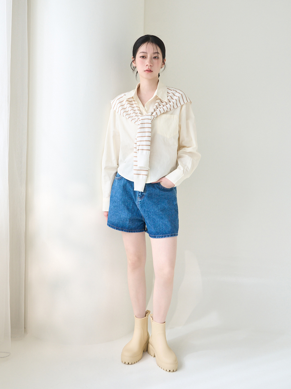 【機能鞋墊】鬆緊拼接內增高切爾西雨靴 米白色