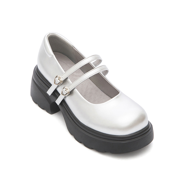 甜蜜愛心釦雙帶輕量瑪莉珍鞋 銀