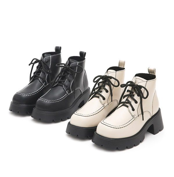 Contrast Stitched Chunky Lace-up Boots Black