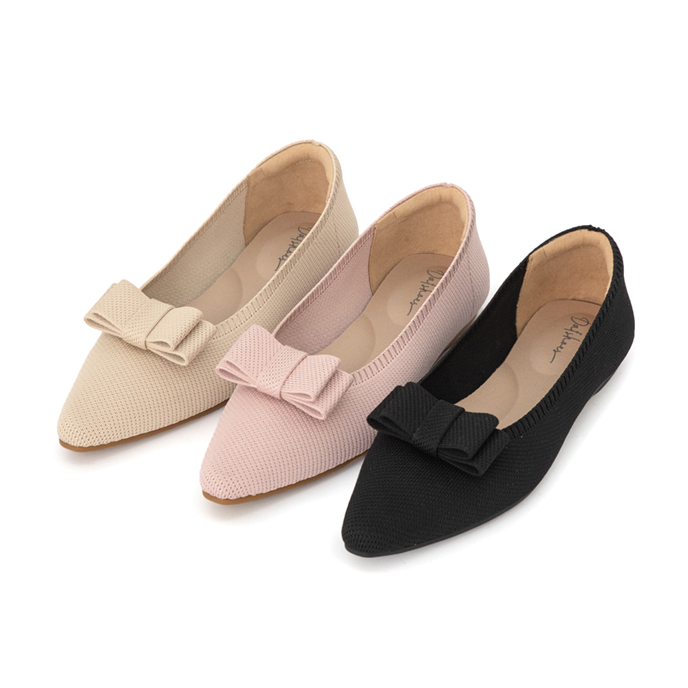 【3D零感雲織鞋】尖頭可拆卸蝴蝶結平底鞋 裸膚粉