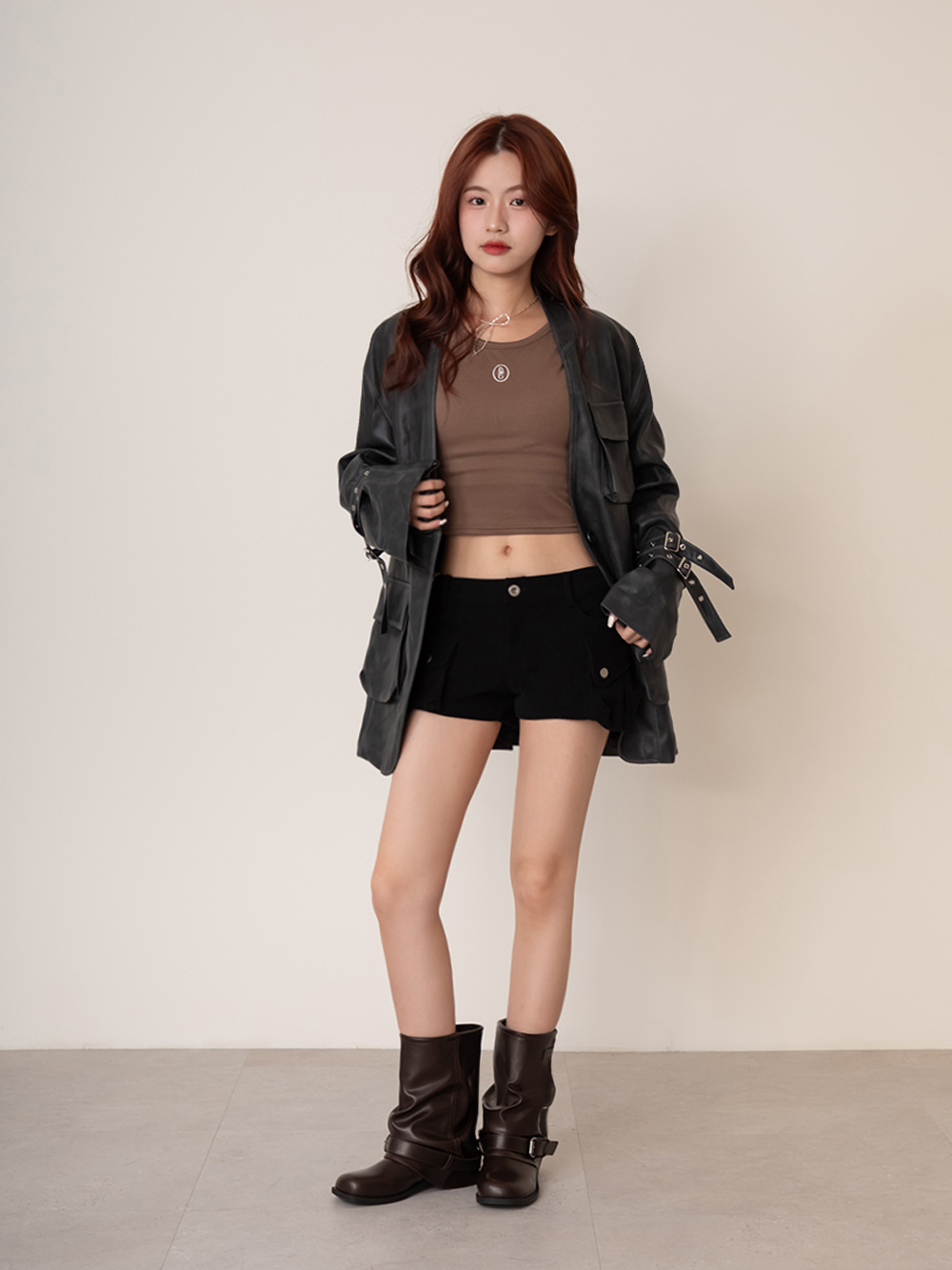 潮流對決釦環堆堆褲管短靴 咖啡色